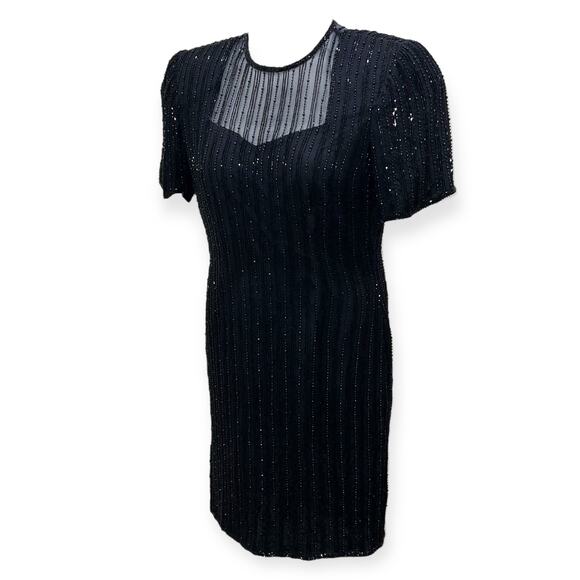 Y2K Vintage Stenay Beaded Silk Dress Cocktail Little Black Sheer Size 10 - Picture 1 of 11